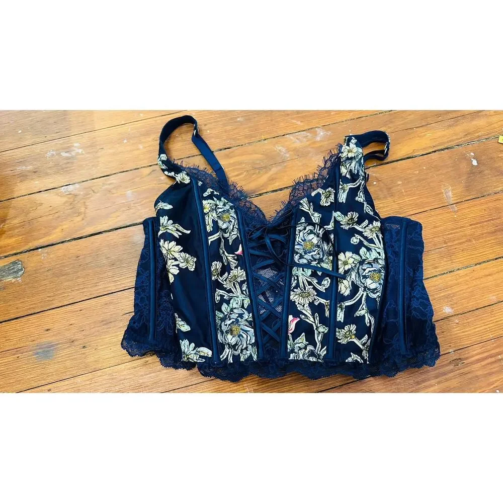 VICTORIA SECRET VS Navy Floral Dream Angel Unlined Lace Up Corset Bra Top sz L
